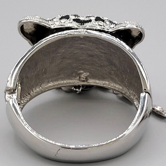 Large Leopard Head Rhinestone Bracelet Stretch Ring Set Hinged Green Crystal Eye - Picture 5 of 12